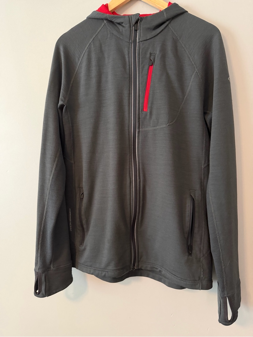 Icebreaker Charcoal Performance Hoodie Jacket with Red Accent